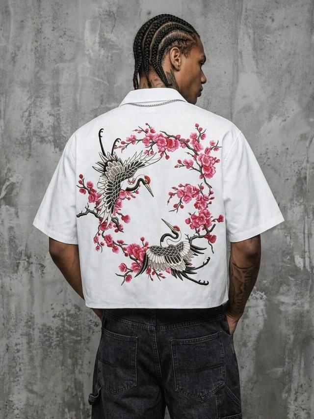 boxy cropped white shirt with cherry blossom crane embroidery