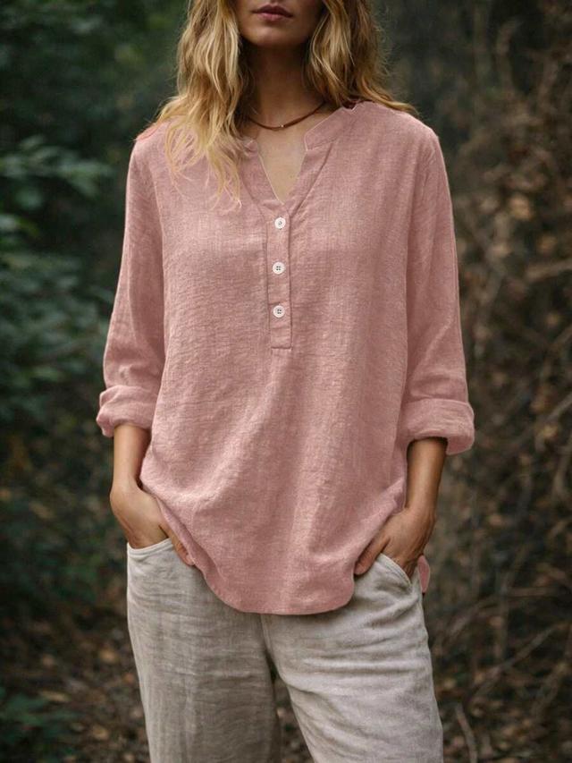 solid color v-neck long sleeve casual button shirt