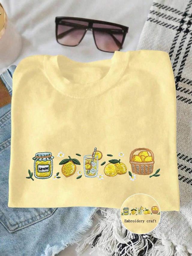 pale yellow lemon print cotton crew neck t-shirt