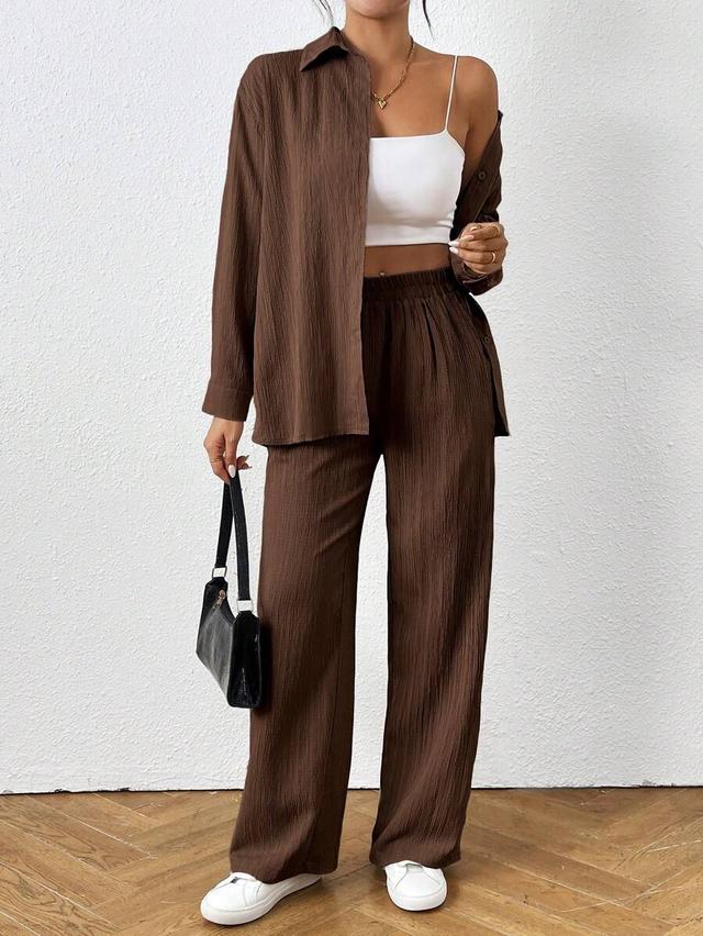 brown textured casual shirt and trousers set
