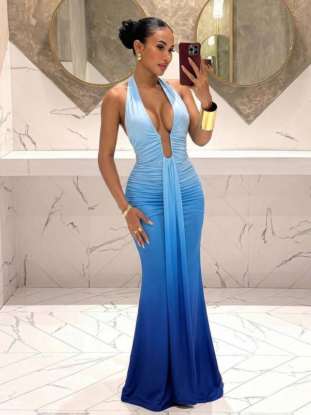 blue ombre halter neck ruched evening gown