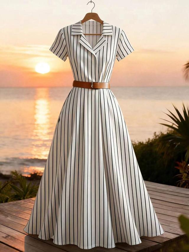 black and white striped shirt collar v-neck midi dress