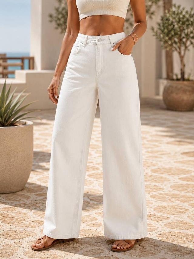 solid white high-waisted wide-leg casual denim jeans