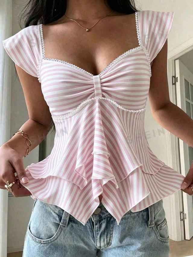 pink and white striped sweetheart neck ruffle top