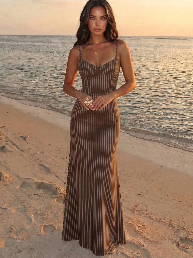 brown striped print spaghetti strap fitted midi dress