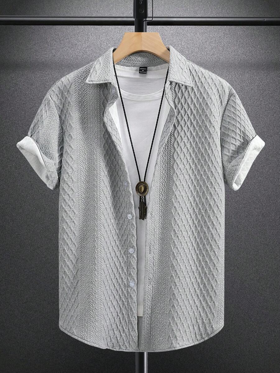 grey textured short sleeve button down shirt
