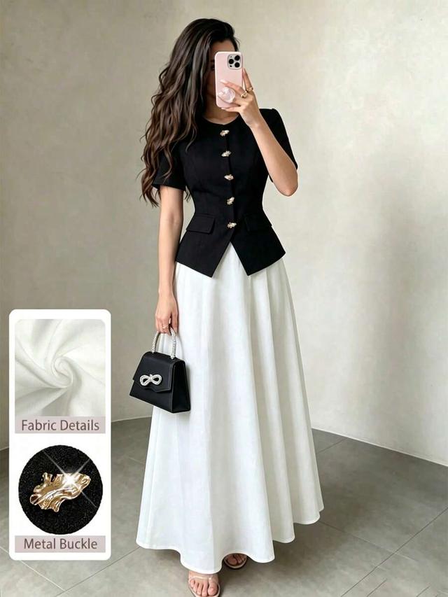 white modelyn metal button closure top and contrasting flared skirt