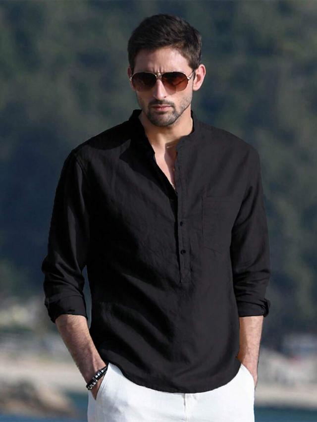 black casual breathable linen blend long sleeve shirt