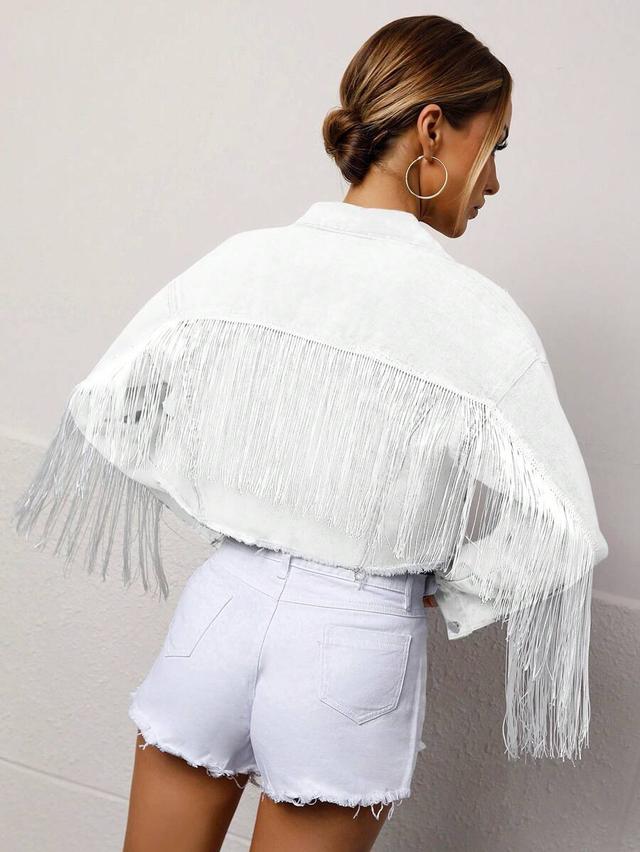 white denim fringe cropped jacket
