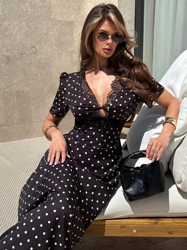 firerie women's elegant polka dot lace patchwork dress