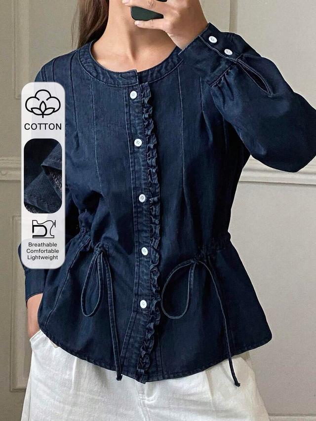 dark wash cotton denim button-up blouse with ruffles