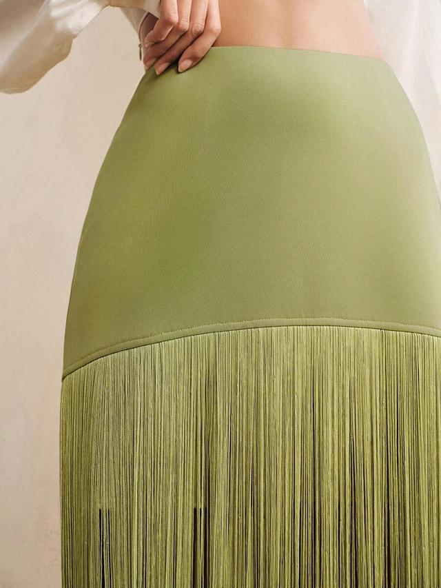 solid olive green straight skirt with dynamic fringe