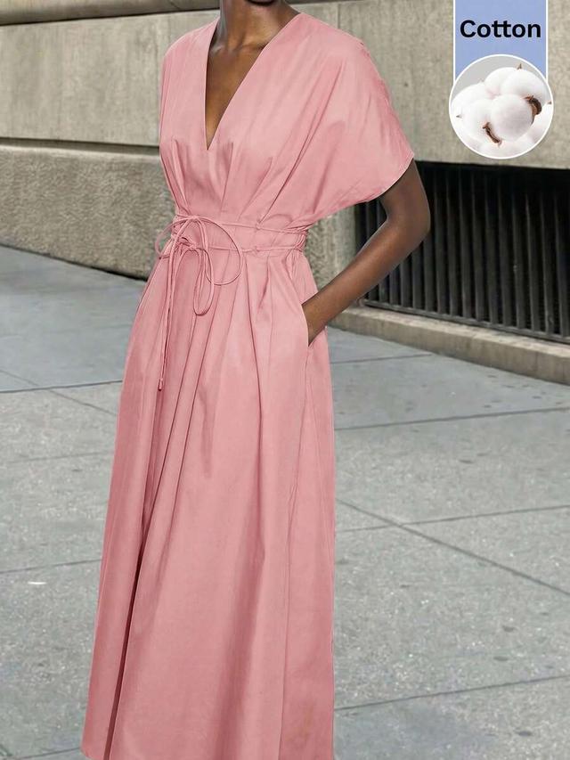 dusty pink cotton v-neck cinched waist flared dress