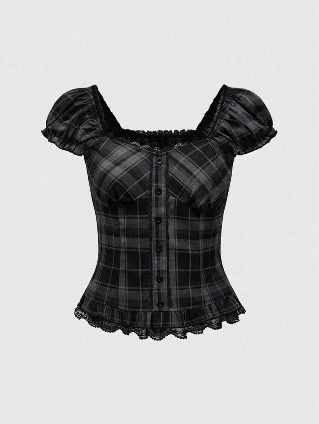 goth plaid shirt with lace hem and puff sleeves