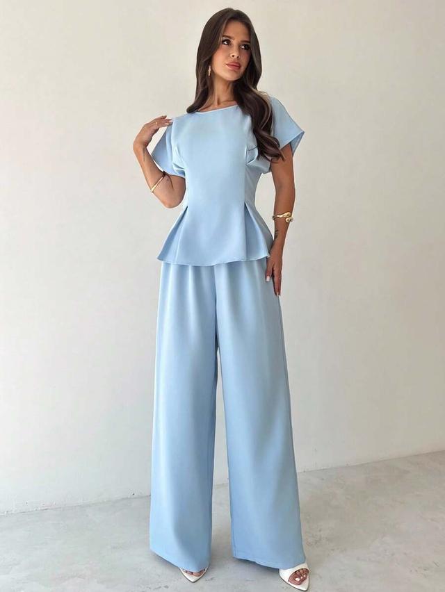 baby blue pleated peplum top and wide leg pants