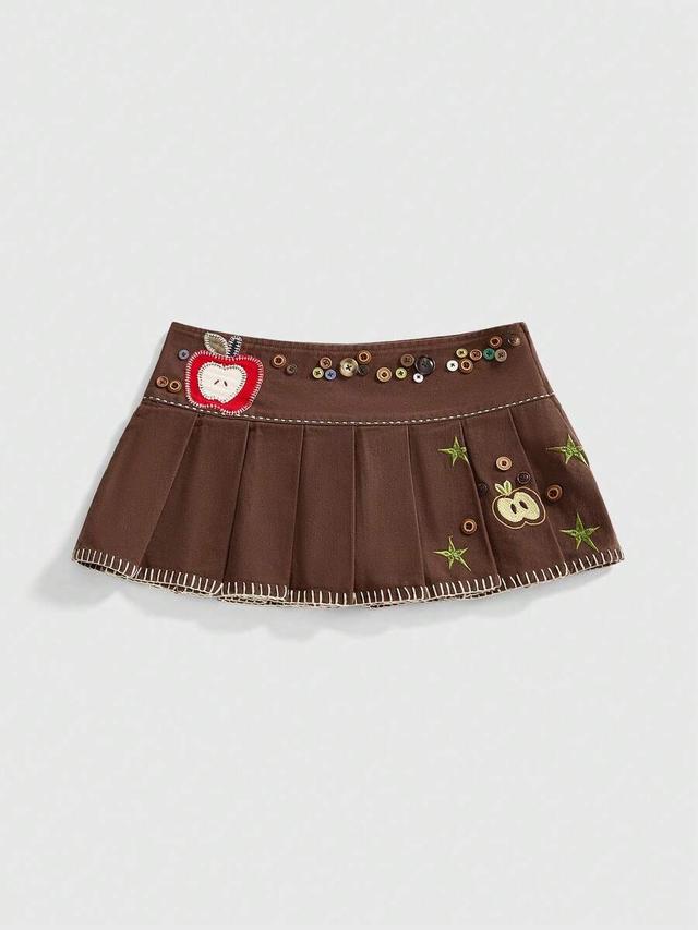 sweetness cute apple embroidery low-waist pleated contrast color denim mini skirt