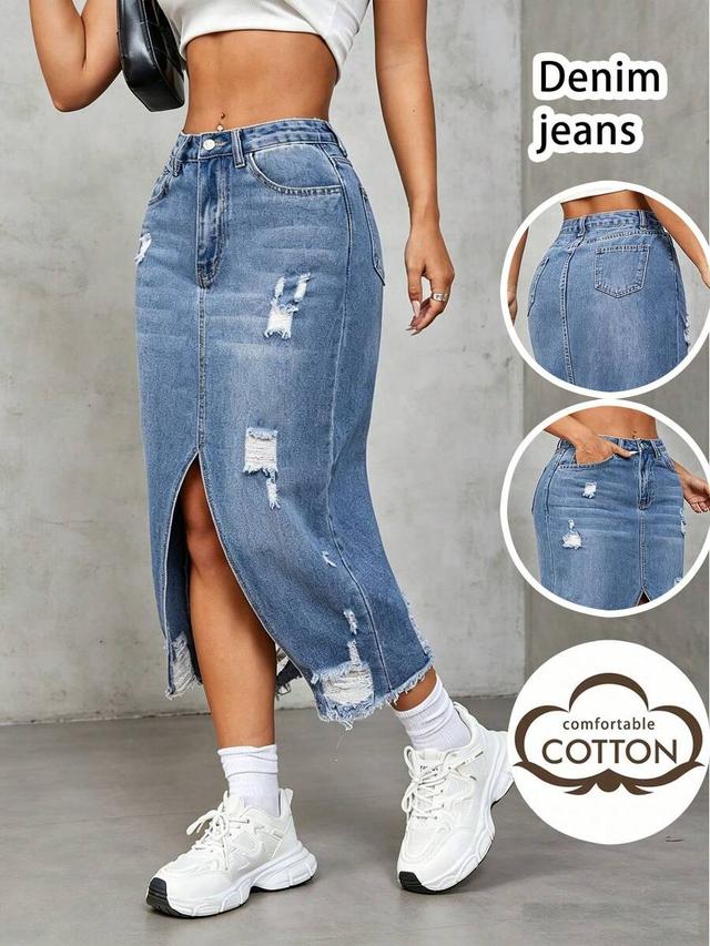 distressed blue denim midi skirt with front slit