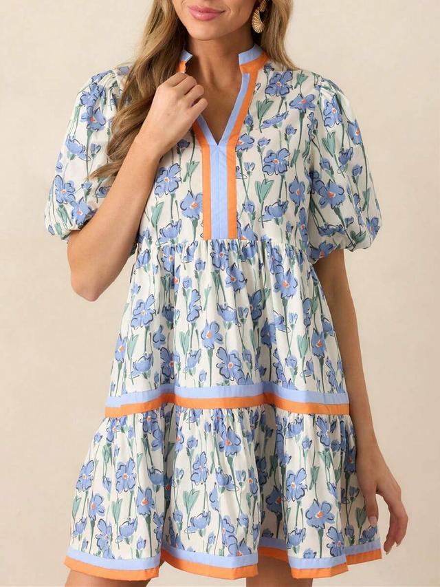 floral print tiered cotton dress with contrast trim
