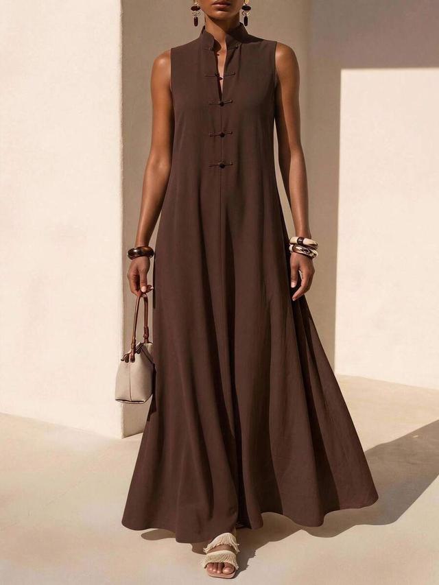 minimalist dark brown sleeveless mandarin collar long dress