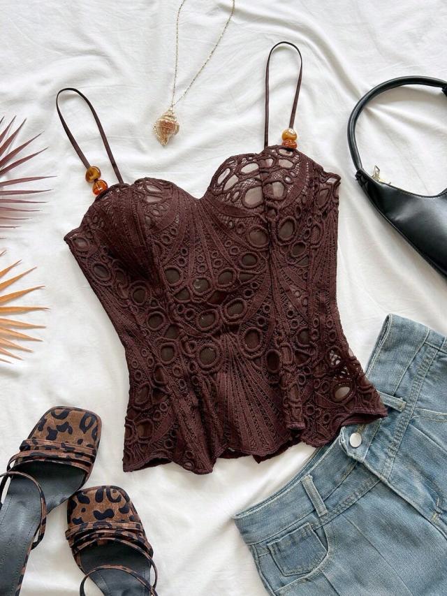 dark brown textured lace corset cami top