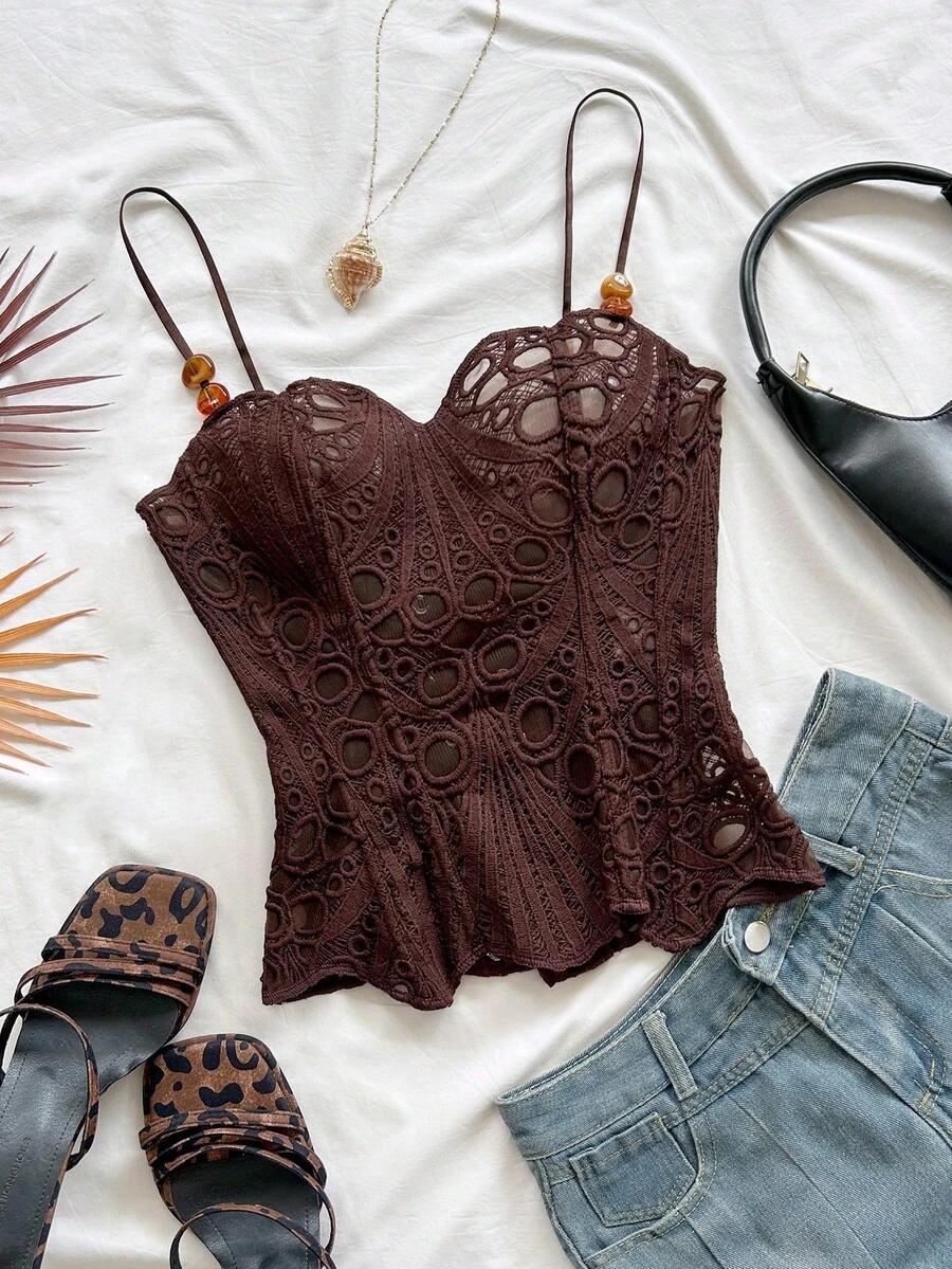 dark brown textured lace corset cami top