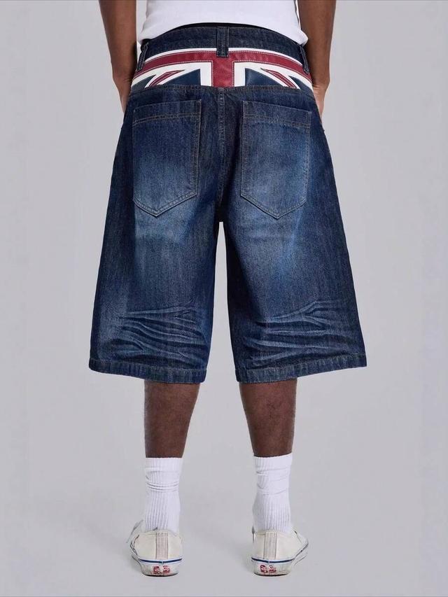 y2k baggy dark wash denim shorts with union jack waistband