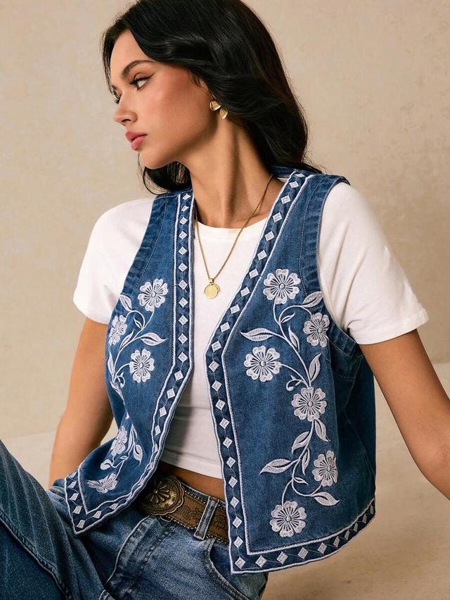 floral embroidered blue denim vest