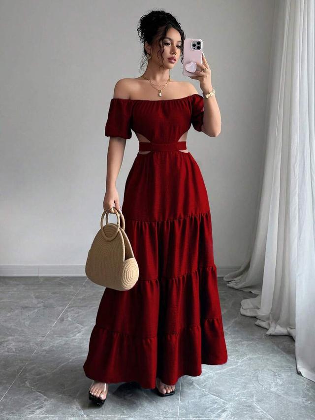 vacation style red off-shoulder cut-out tiered maxi dress