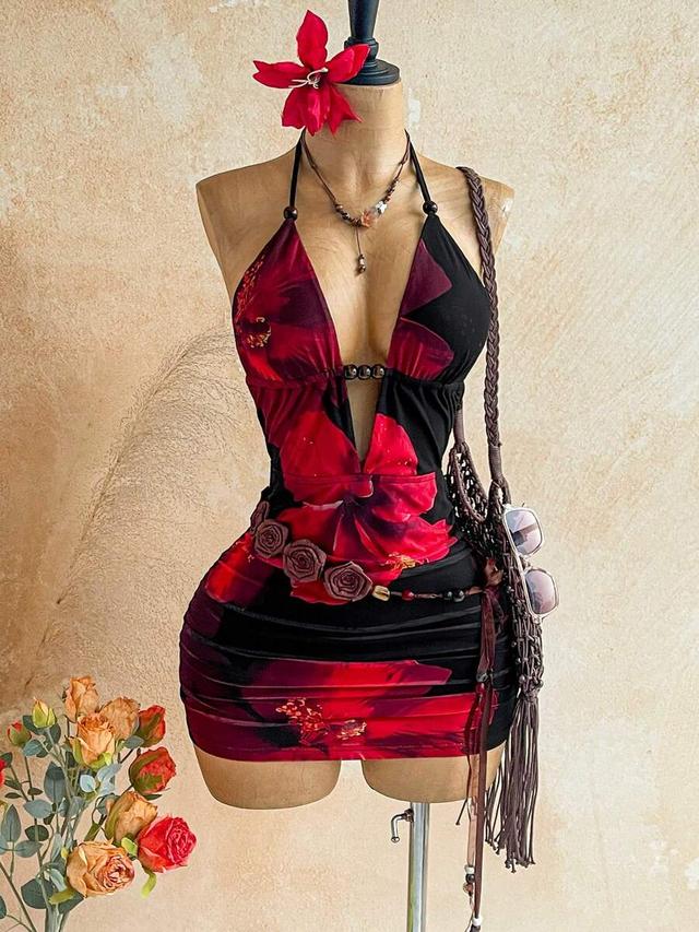 floral print halter neck mini dress with rose detail