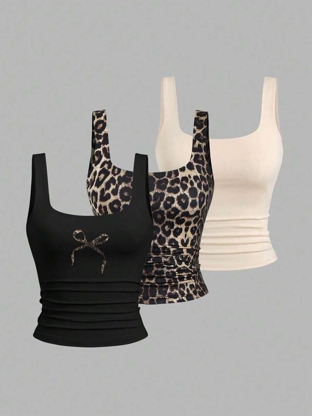 black casual bowknot leopard print ruffle square neck tank top