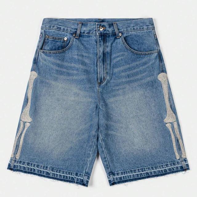 baggy denim shorts with skeleton bone embroidery