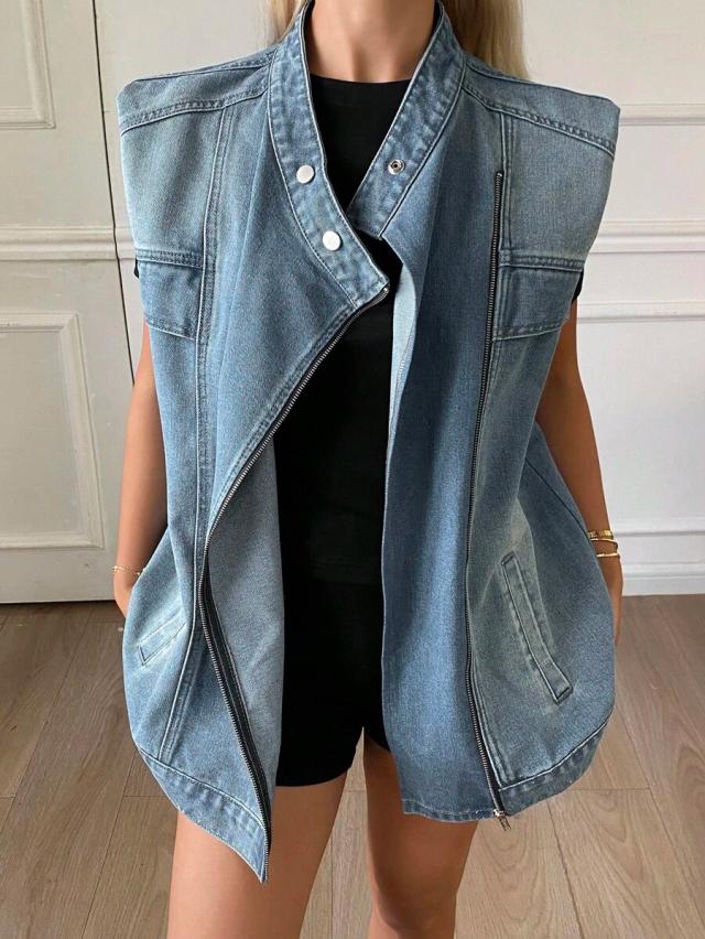 structured denim vest with zip and snap closure