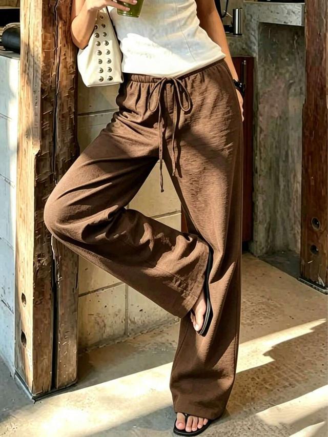 women's brown linen-style wide leg high waist pants