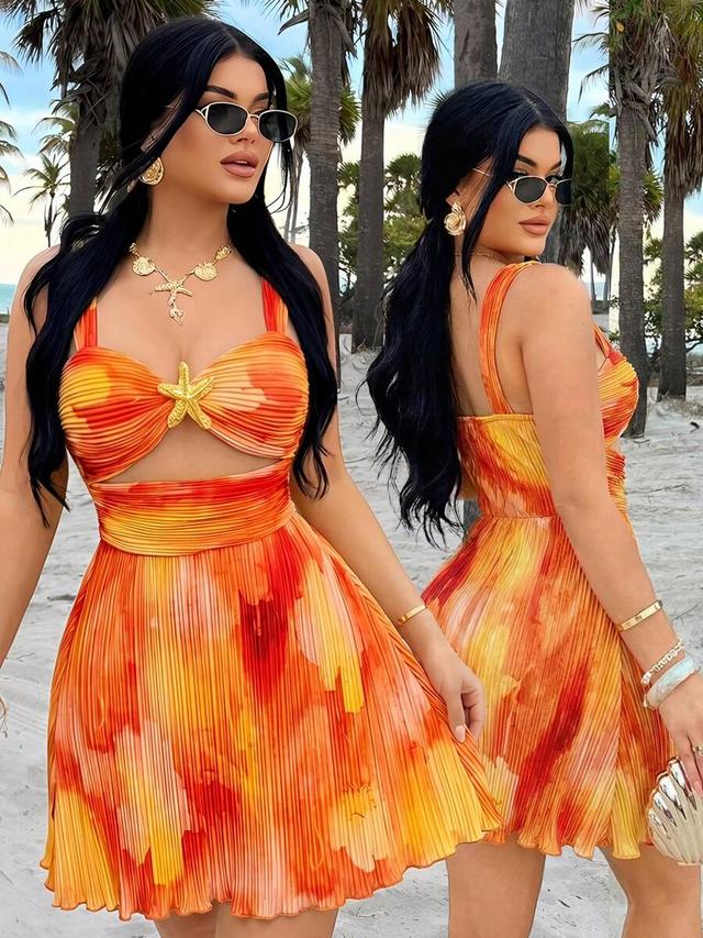 orange and yellow pleated cutout mini dress