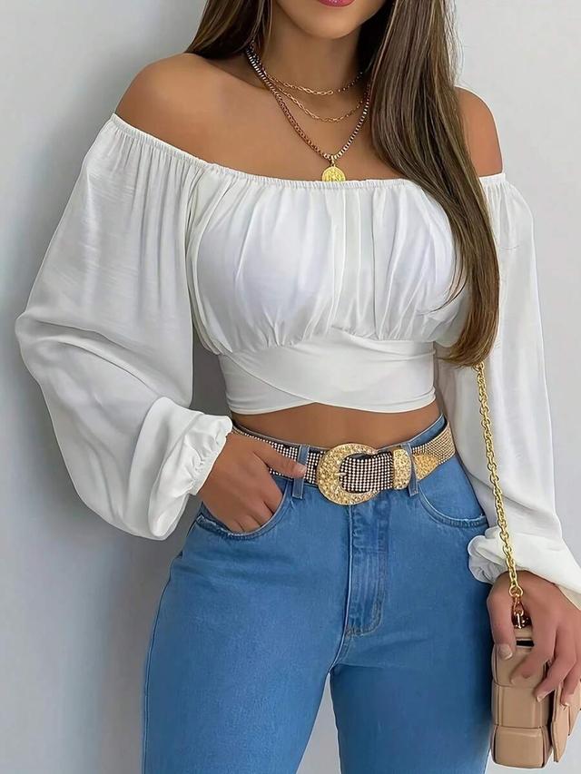 white solid color cross-tie backless off-shoulder long sleeve blouse