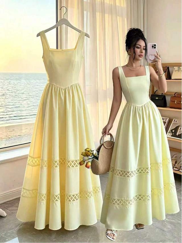 cream yellow square neck lace patchwork shirred long dress