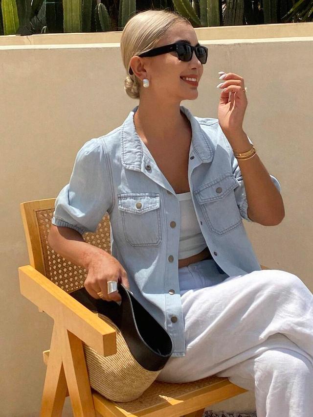 light wash denim puff sleeve casual jacket