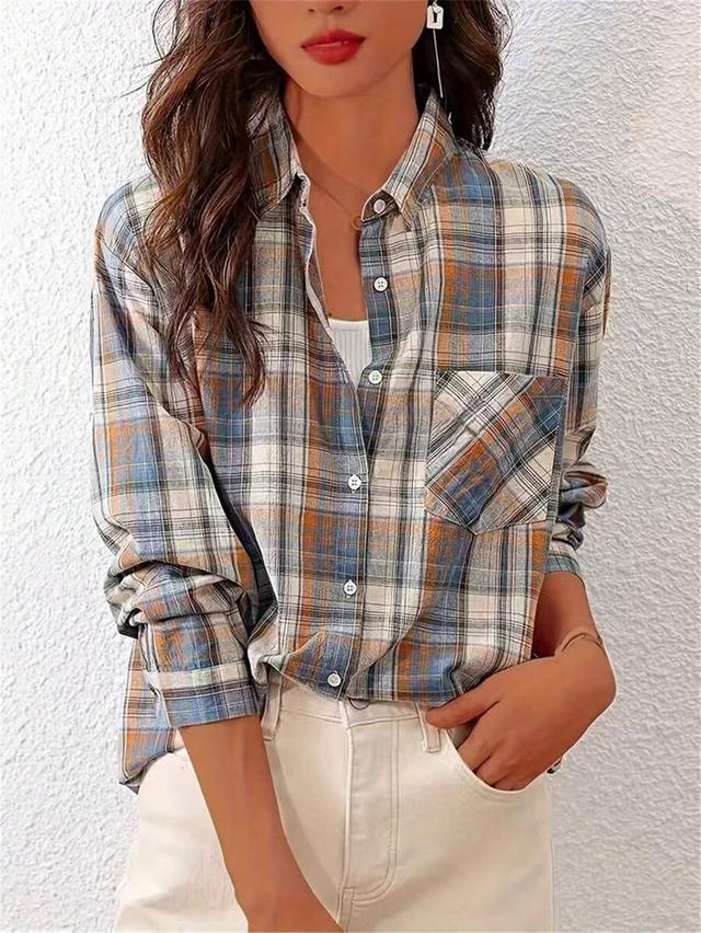 women's front button long sleeve plaid casual shirt