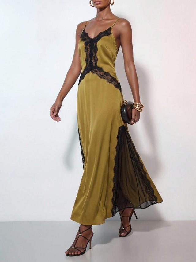 olive green satin camisole dress with black lace trim