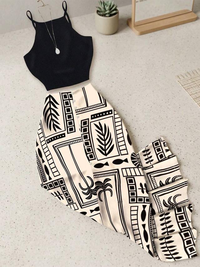 contrast color casual beach vacation tank top skirt set