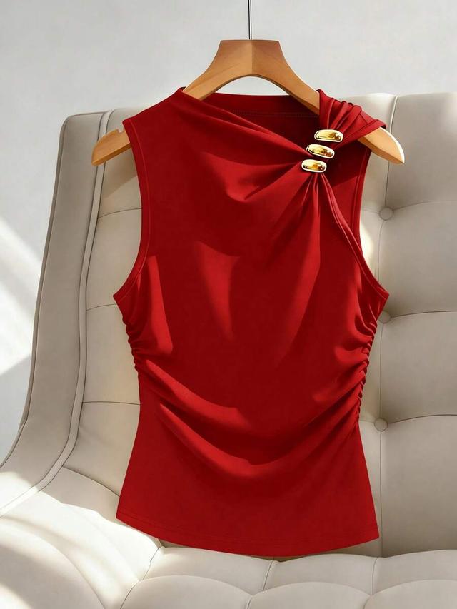 red minimalist sleeveless v-neck top with metal decor