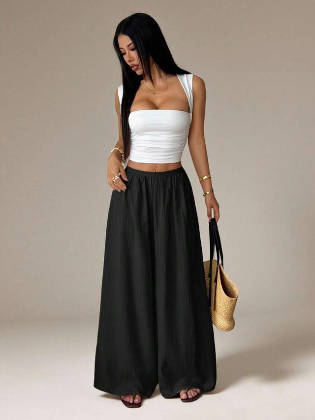 solid black pleated wide leg casual trousers