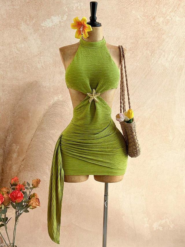 green halter waist hollow out mini dress