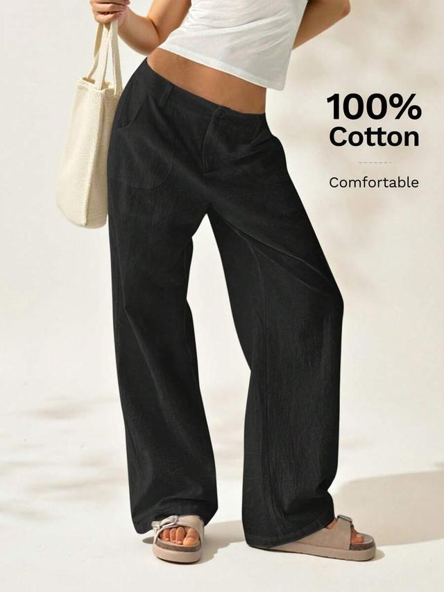 black cotton low waist straight leg casual trousers