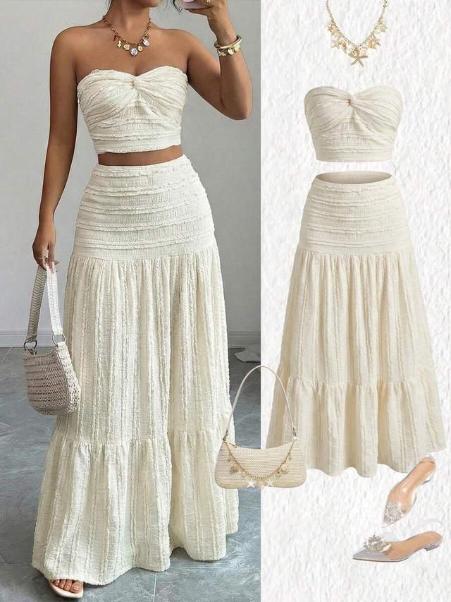 strapless ruched crop top and high waist maxi skirt