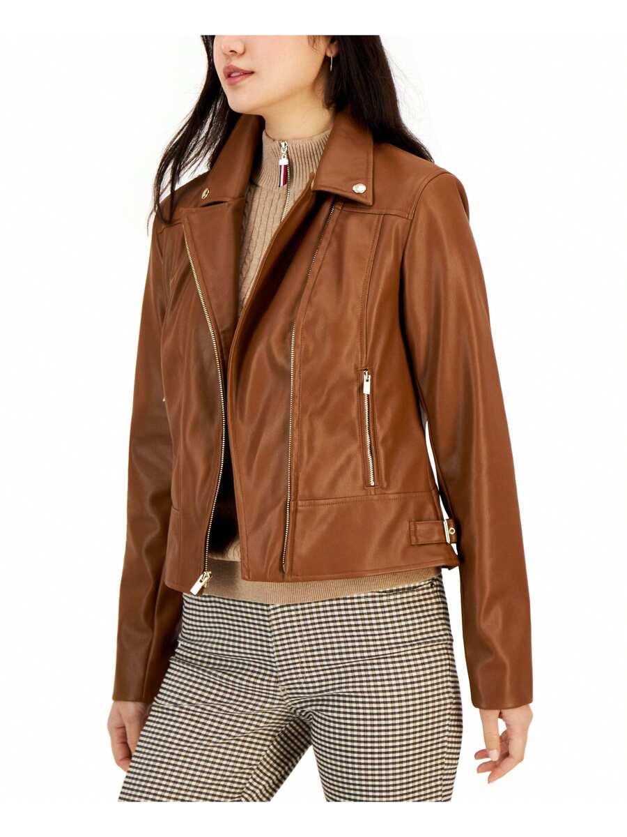 brown faux-leather moto jacket