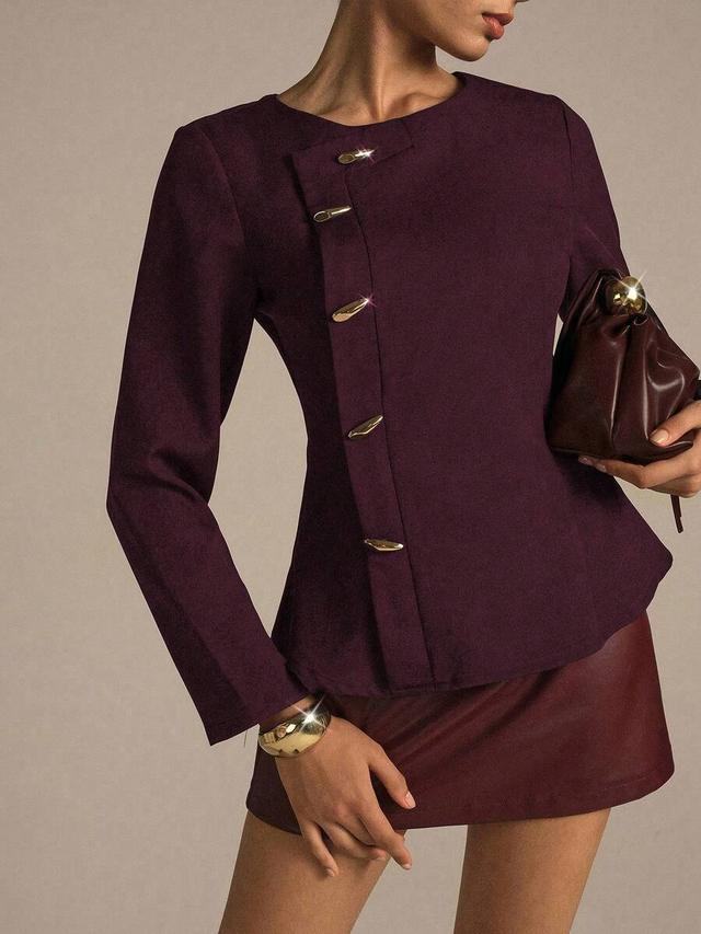 modelyn woven non-stretch black long sleeve metal button blouse