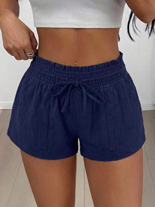 navy blue casual drawstring waist side pocket shorts