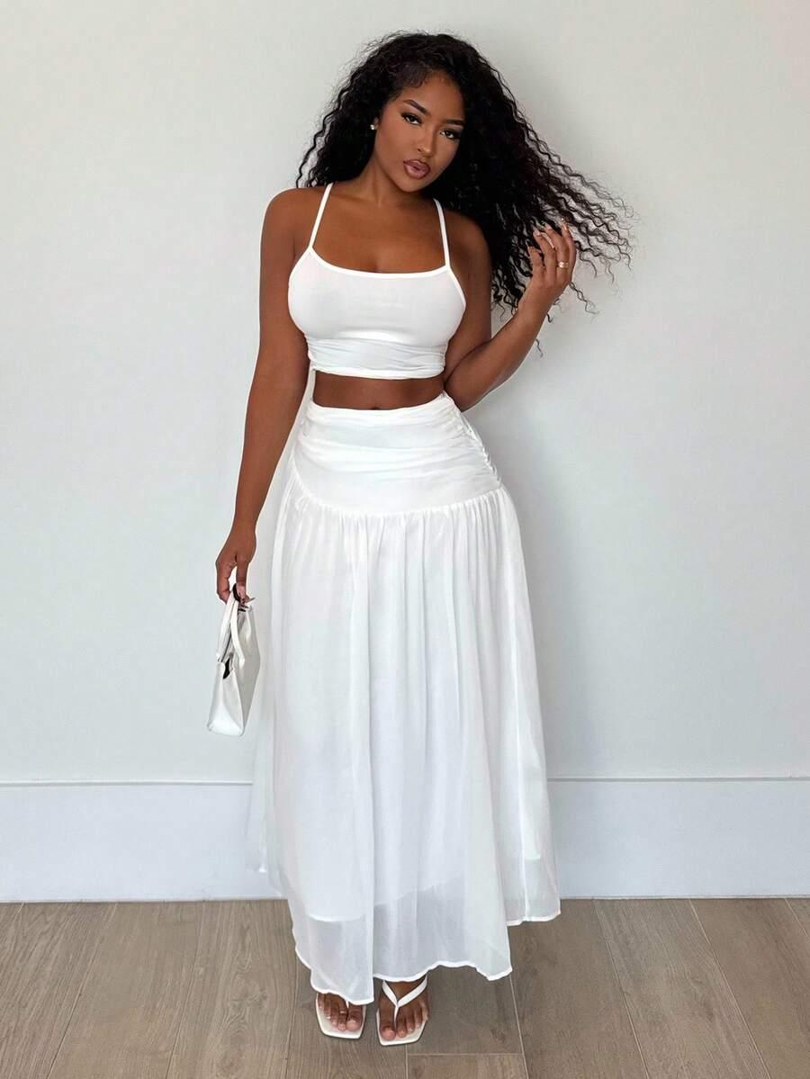 white chiffon flowy a-line pleated asymmetric long skirt