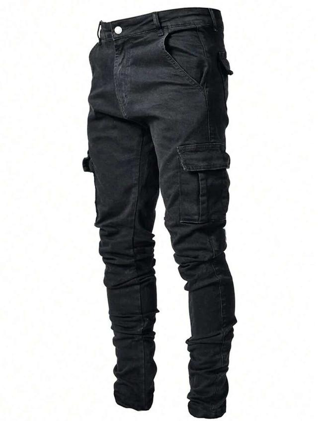 men's black multi-pocket cargo denim pants